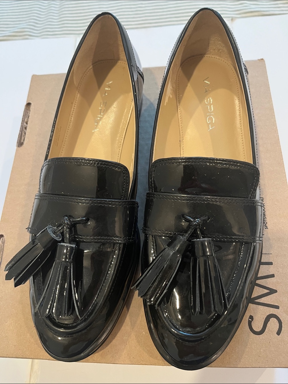 Via Spiga Black Patent Tassel Loafers